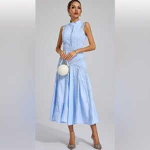 Sleeveless Sky Blue Lace-Detail Midi Dress